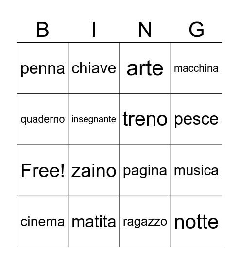 Bingo - seconda lezione Bingo Card