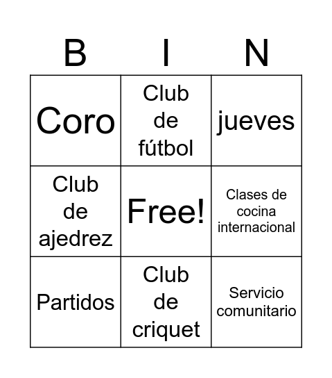 Actividades extracurriculares Bingo Card