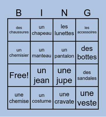French Clothing and Accessories Bingo Card
