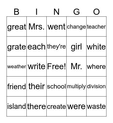 Word Bingo Card