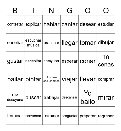 Los verbos regulares del primer grupo (-AR) Bingo Card