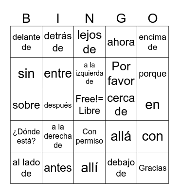 Preposiciones y adverbios Bingo Card