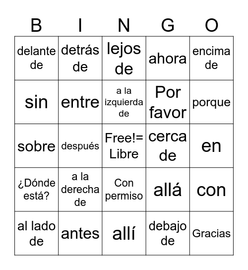 Preposiciones y adverbios Bingo Card