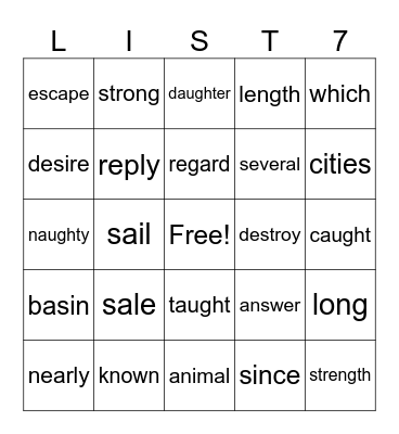 Spelling Bingo Card