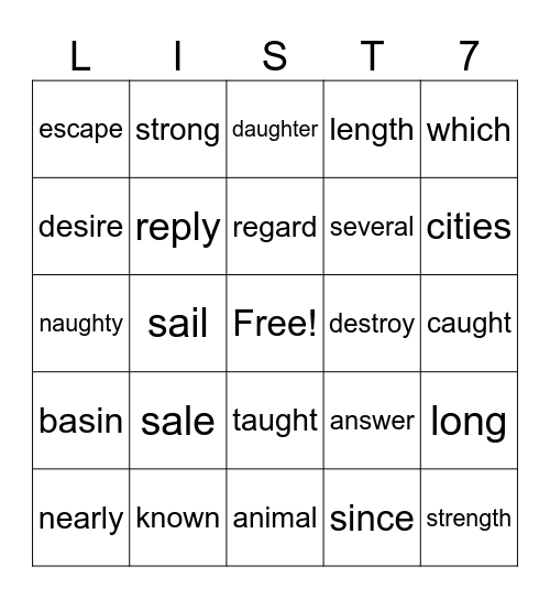 Spelling Bingo Card