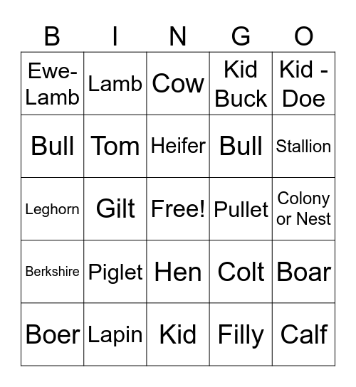 Livestock Terminology Bingo Card