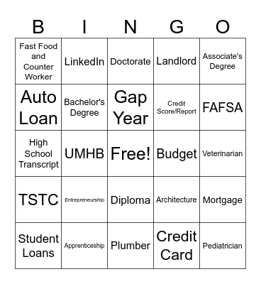 Money Matters and Career Exploration Bingo Card