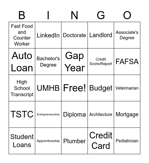 Money Matters and Career Exploration Bingo Card