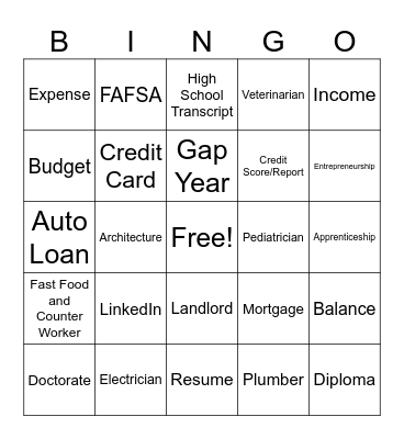 Money Matters and Career Exploration Bingo Card