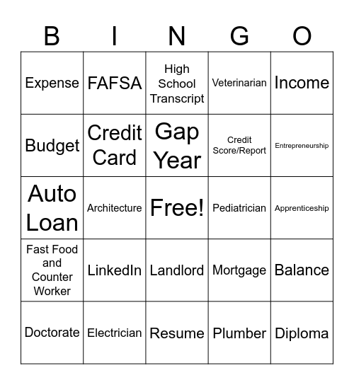 Money Matters and Career Exploration Bingo Card