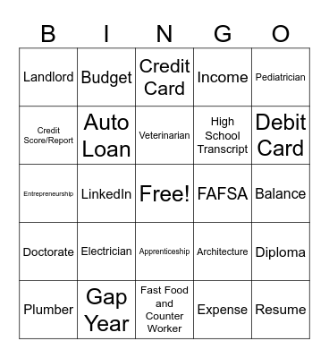 Money Matters and Career Exploration Bingo Card