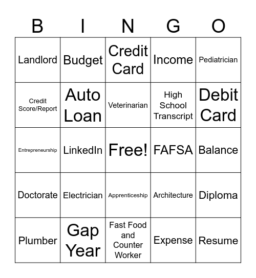 Money Matters and Career Exploration Bingo Card