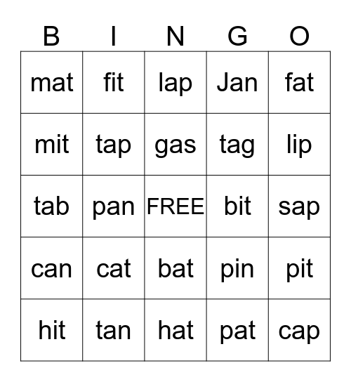 CVC Words Bingo Card