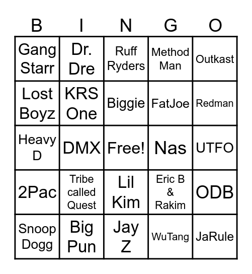 Old School Hip Hop Bingo Card