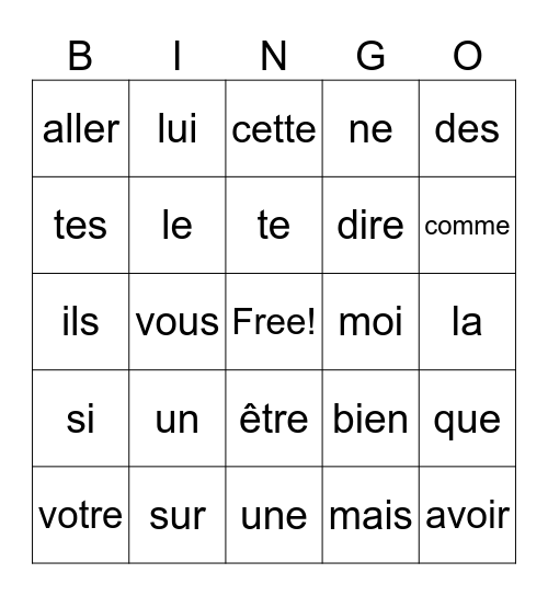Bingo des mots fréquents Bingo Card