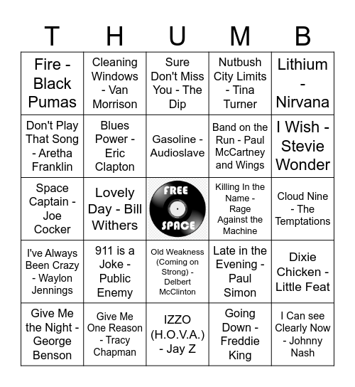 Lou's Favorite Songs Bingo Card