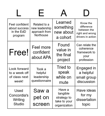 EDD 701 Bingo Card