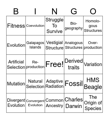 Natural Selection Bingo Card