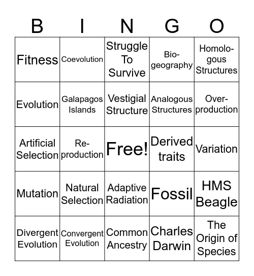 Natural Selection Bingo Card