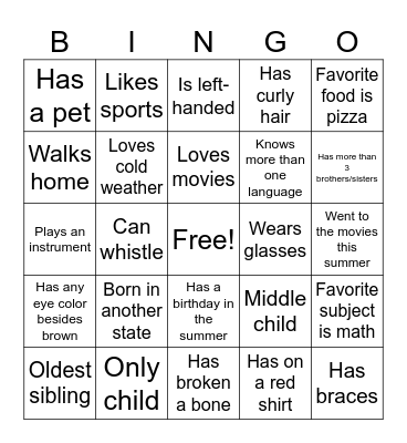 Classmate Bingo Card