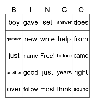 SIGHT WORDS Bingo Card