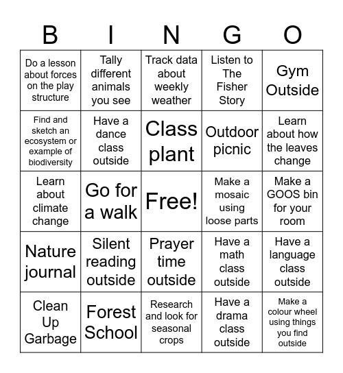 Take  Me Outside Week Bingo Card