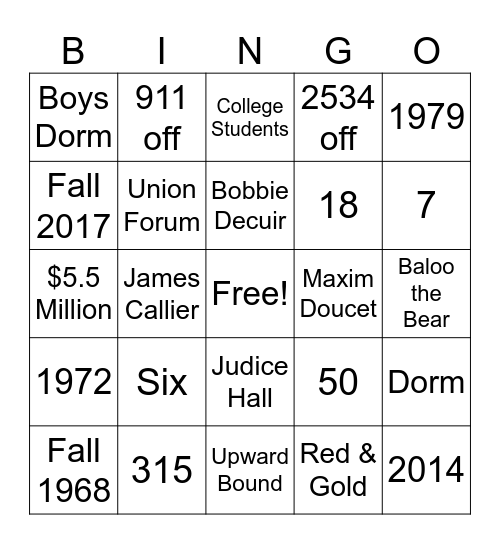 UC College Bingo Card