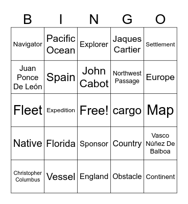 Explorers Bingo Card