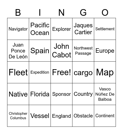 Explorers Bingo Card