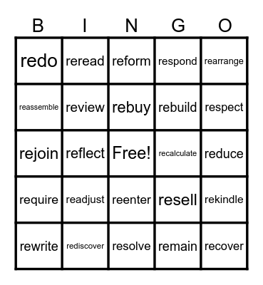 Prefix   re- Bingo Card