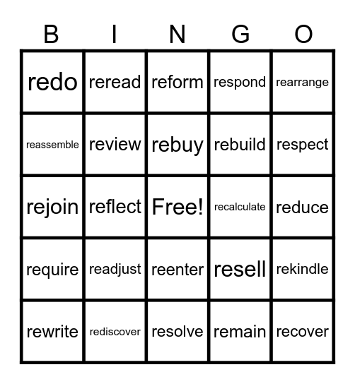 Prefix   re- Bingo Card