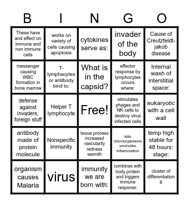 Immune System Bingo Card