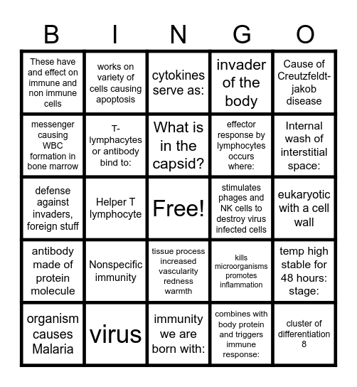 Immune System Bingo Card