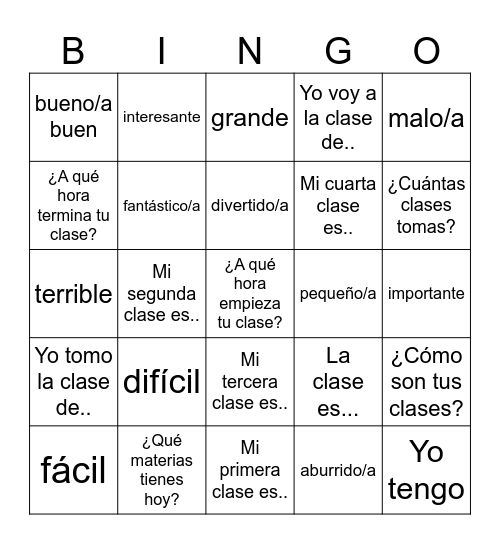 Adjetivos para describir las clases Bingo Card