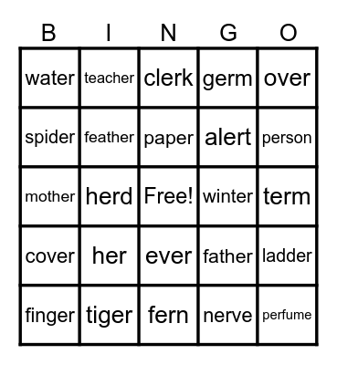 R Controlled Vowels  (er) Bingo Card
