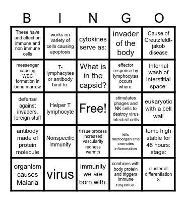 Immune System Bingo Card