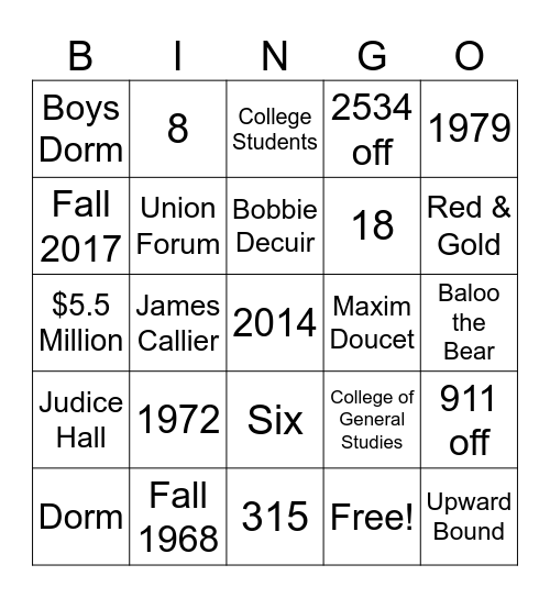 UC College Bingo Card