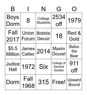 UC College Bingo Card
