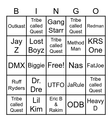 Old School Hip Hop Bingo Card