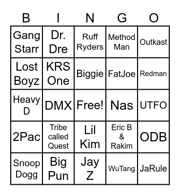 Old School Hip Hop Bingo Card