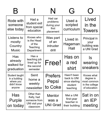SE Iowa Student Teacher Bingo Card