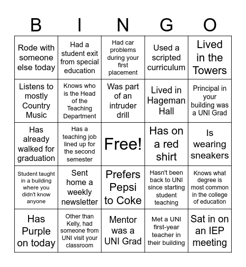 SE Iowa Student Teacher Bingo Card