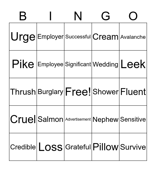 Words 1:1 Bingo Card