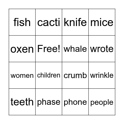 Spelling Words Bingo Card
