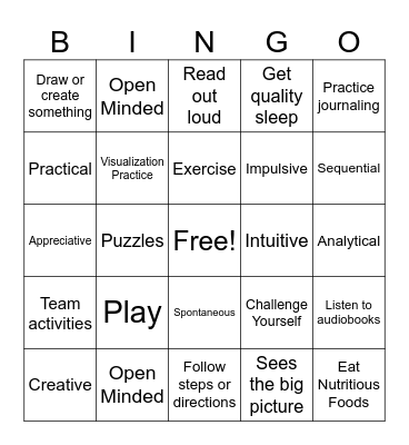 Left / Right Brain Training Bingo Card