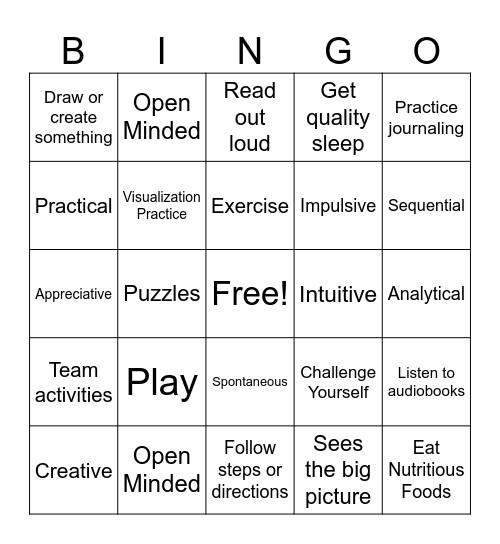 Left / Right Brain Training Bingo Card