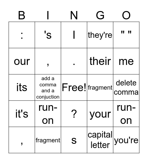 Punctuation Bingo Card