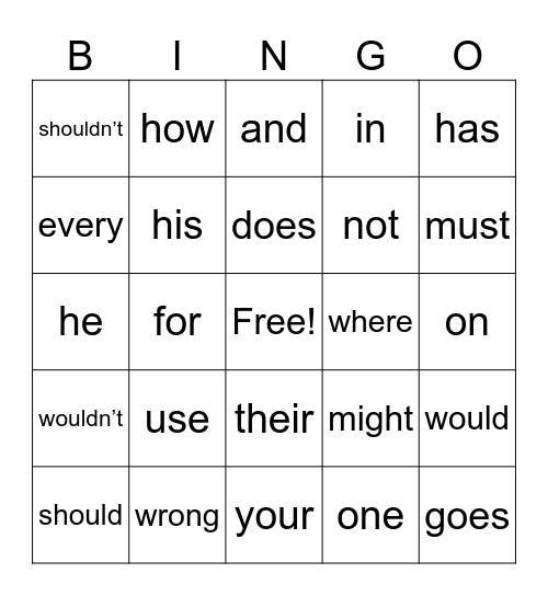 Grade 2—No Excuse Words! Bingo Card