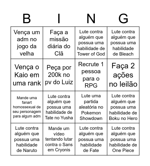 Cryonis Bingo Card