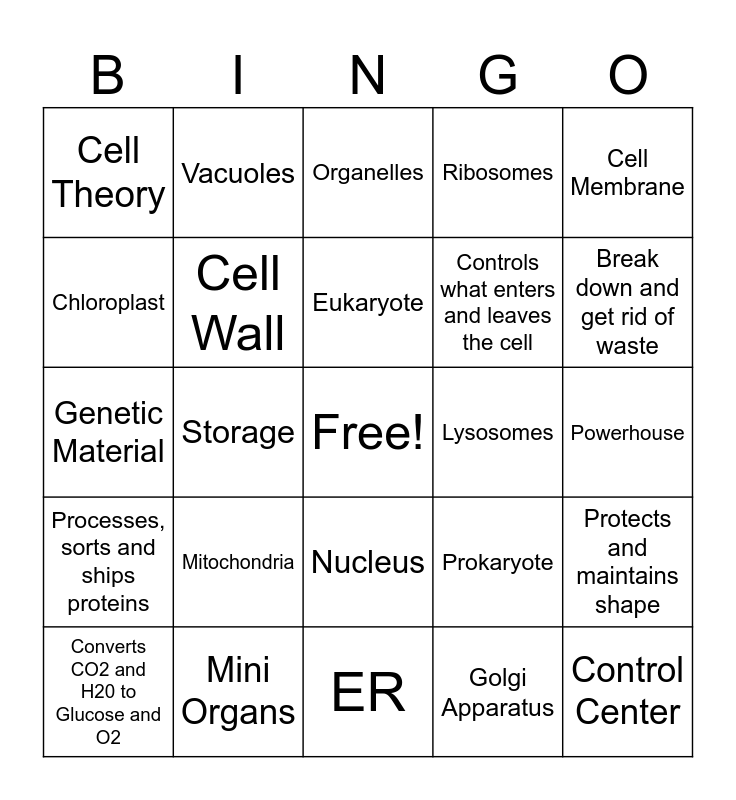 Cell Structure Bingo Card